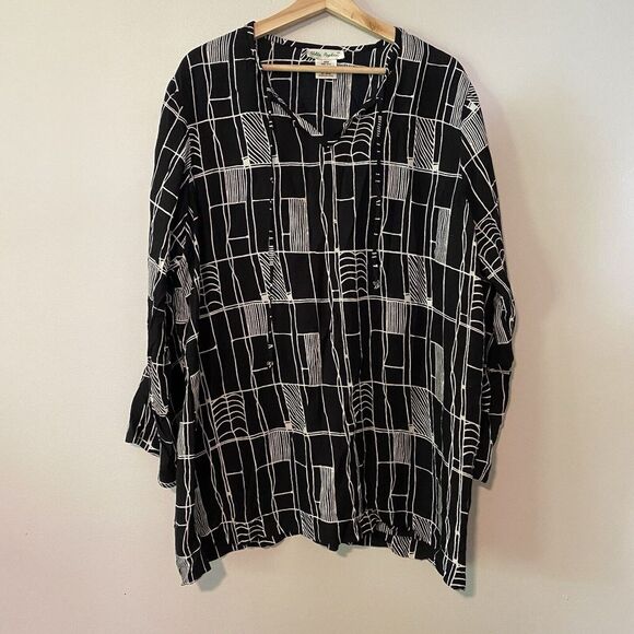 Ulla Popken 16/18 Geometric Print Black Popover Tunic Top Long Sleeve Artsy - Picture 1 of 8